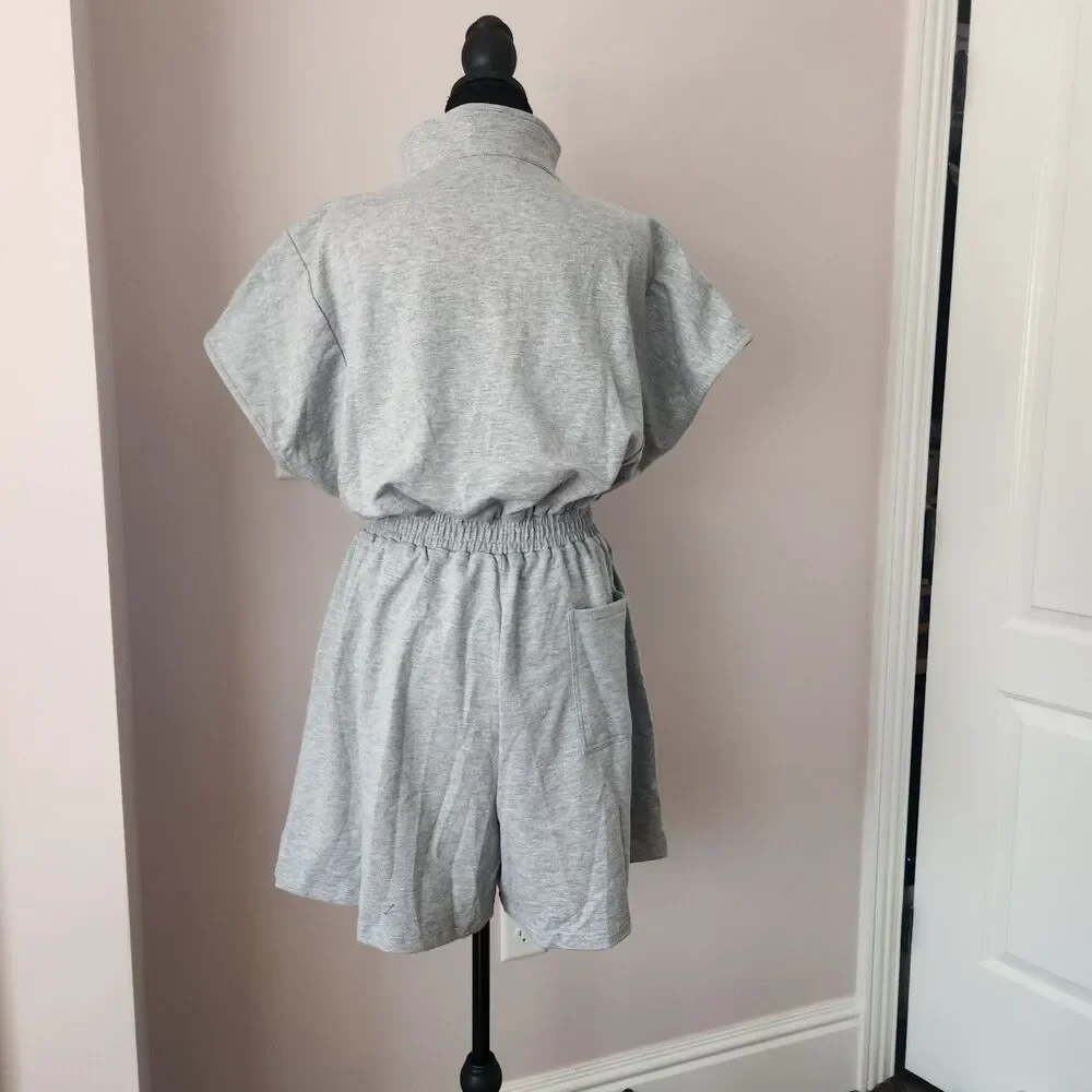 POPVIL Heathered Knit Romper Womens XL NWT Gray Half Zip Short Sleeve Jumpsuit